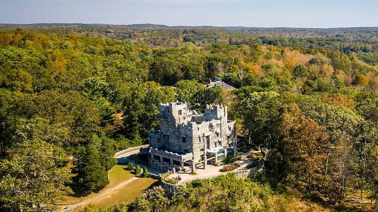 Aerial view of Gillette Castle and grounds in Gillette Castle State Park in Connecticut