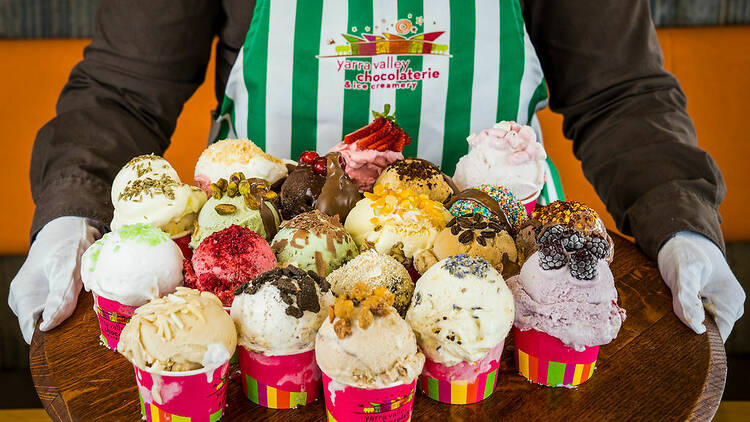 A person holding a tray of dozens of ice cream flavours