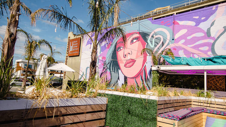 Astroturf and tables at Pink Lemonade bar