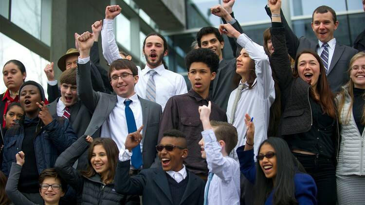 Young people of the step of the courtroom in a documentary