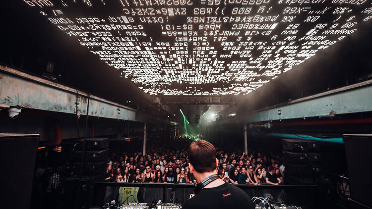 Inside Printworks club from behind the DJ booth 