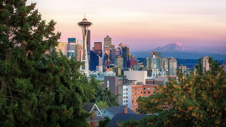 A photo through trees of Seattle's skyline with a mountaintop in the distance.