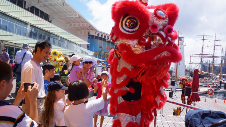Dong Thanh Alliance Lion dance performers at the Australian National Maritime Museum