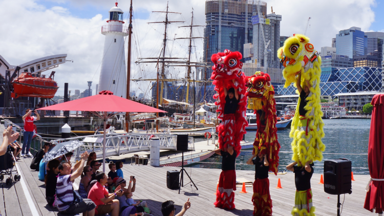 Dong Thanh Alliance Lion dance performers at the Australian National Maritime Museum