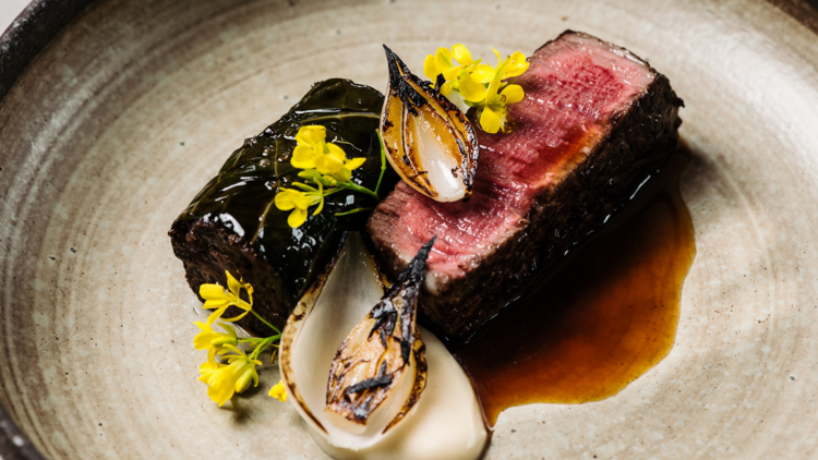 A dish of beef flank and ox tail with charred onions and yellow flowers