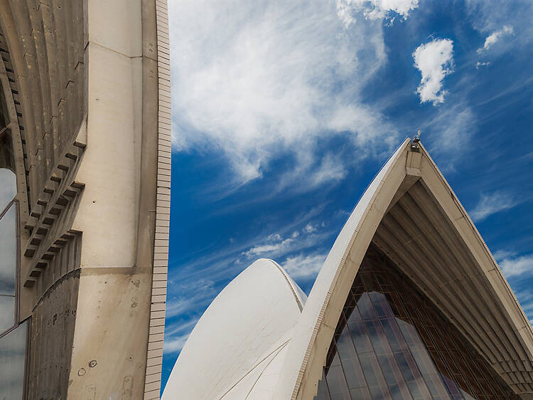 A close shot of three of the Opera House sails with wispy clouds and a deep blue sky in the background