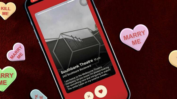 A render of a smartphone displaying a Tinder-like app but for Melbourne's buildings
