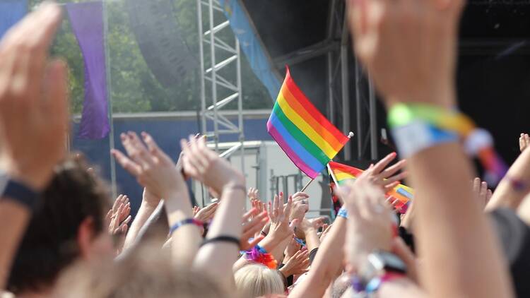 People waving their hands in the air at an outdoor stage while waving rainbow pride flags