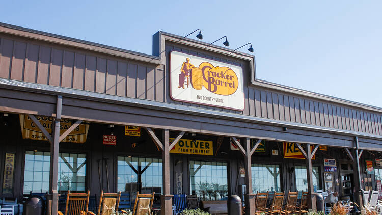 A store front sign for the  restaurant chain known as Cracker Barrel