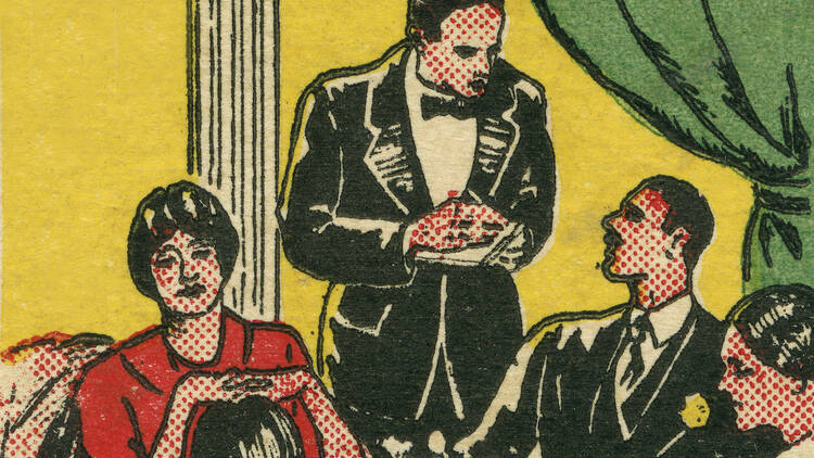 Matchbook image of two well dressed couples sitting at table as waiter takes orders.