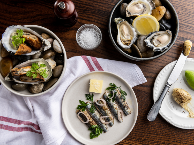 A flat lay of oysters, pickled fish and napkins