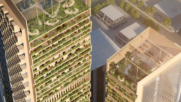 A render of the upcoming Four Seasons hotel with a vertical garden.