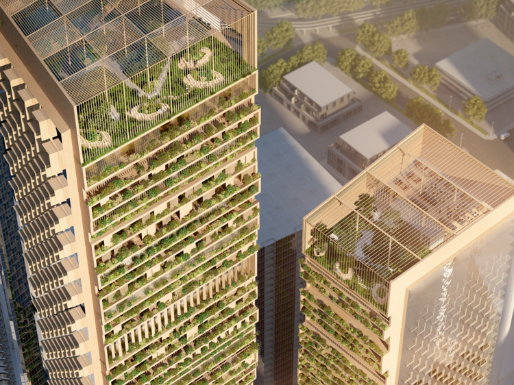 A render of the upcoming Four Seasons hotel with a vertical garden.