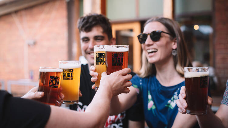 A group of friends cheersing with their beers.