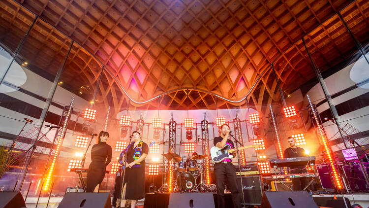 A group of musicians performing on the Bunjil Place stage.