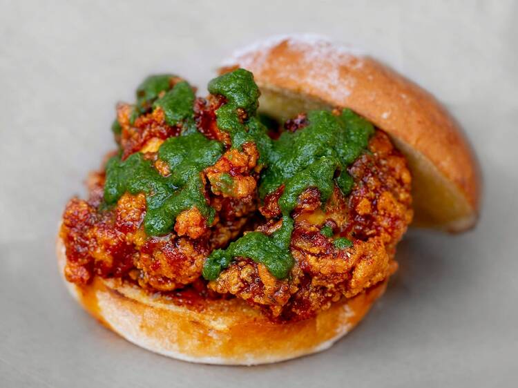 The fried chicken sandwich at new restaurant Rowdy Rooster in NYC's East Village