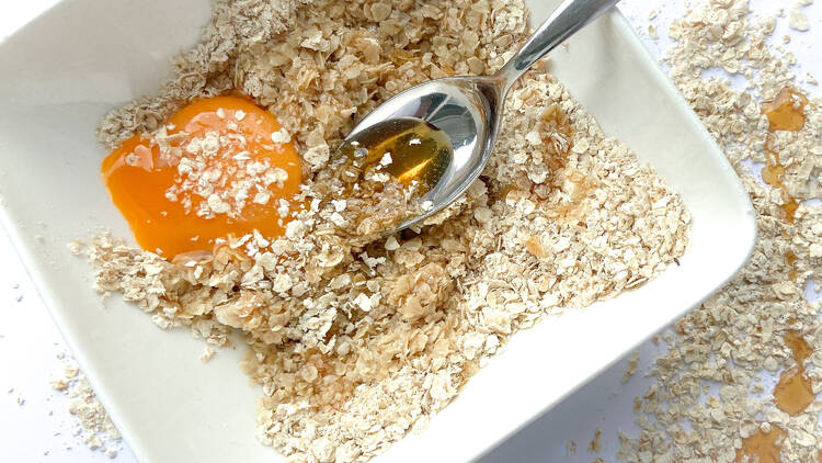 Honey, olive oil, egg yolk, and oatmeal