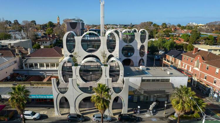 An aerial shot of the exterior of the Victorian Pride Centre in St Kilda. 