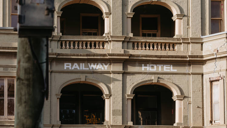 The exterior of the Railway Hotel.