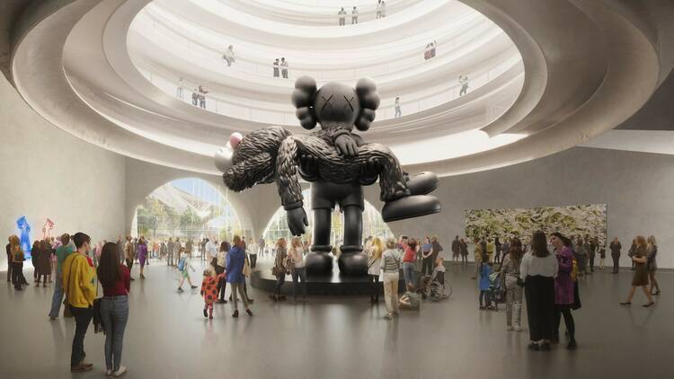 An architectural render of KAWS statue in NGV Contemporary