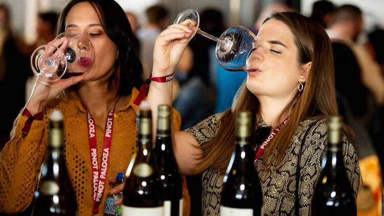 Two women sampling pinot noirs from a table with several bottles of wine on it. 