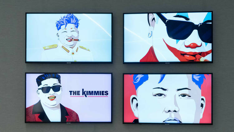 Edge of Chaos exhibition, a set of four paintings of North Korean dictator Kim Jong Un in costumes.