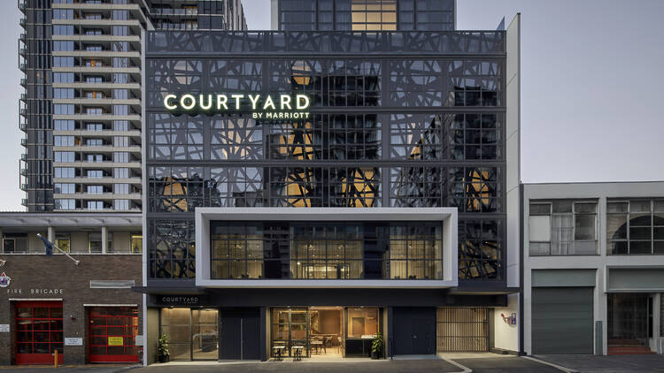 The exterior of the Melbourne Courtyard by Flagstaff Gardens.