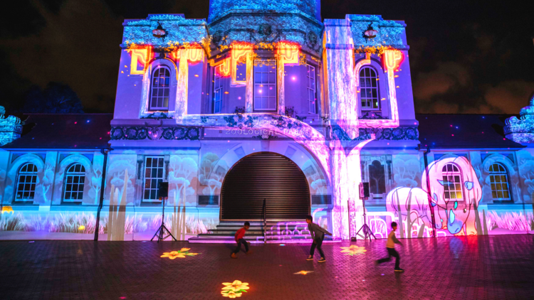 Children play outside the gates of Taronga Zoo as the building is illuminated with projections