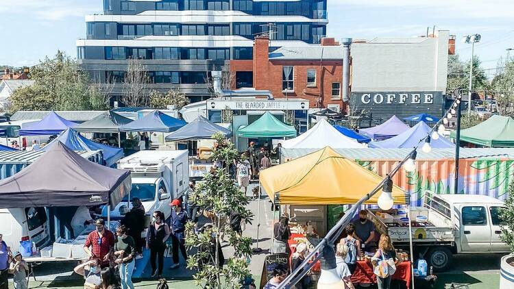 An aerial shot over a market; North West Art fest.
