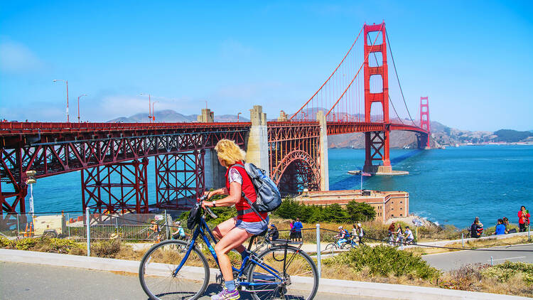 Bike-riding by one of the world's most famous bridges