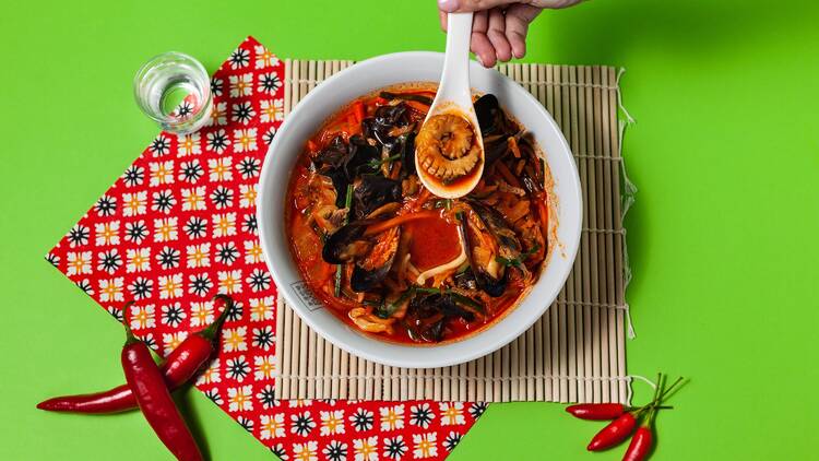 A bowl of spicy seafood soup at Paik's Noodle.