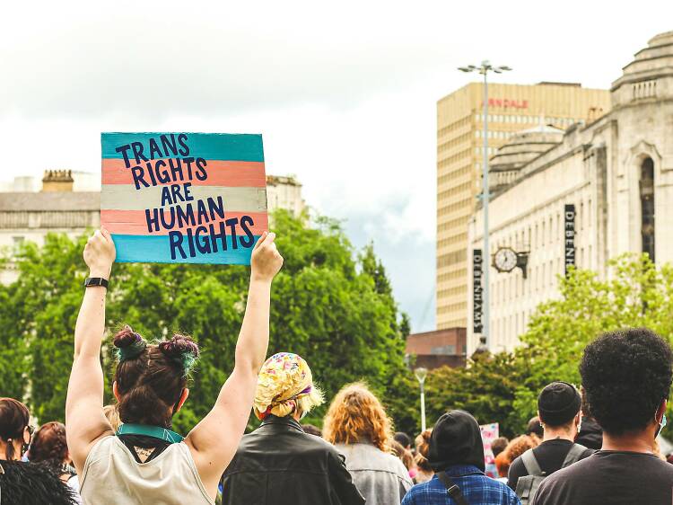 A person holding up a sign that reads 'Trans Rights are Human Rights'.