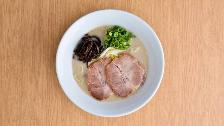 A bowl of ramen photographed from above at Ippudo.