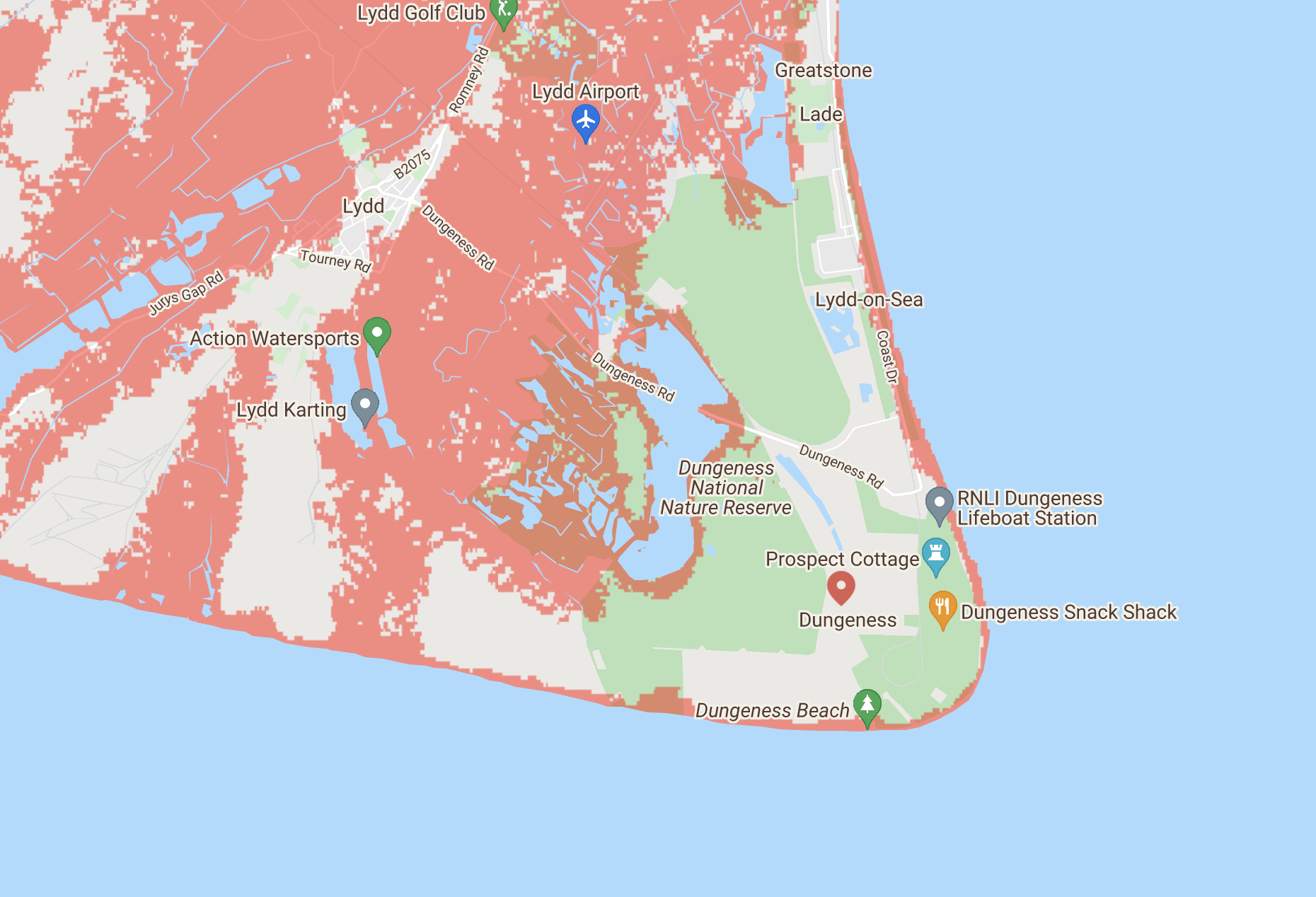 Dungeness map, sea level rise by 2050