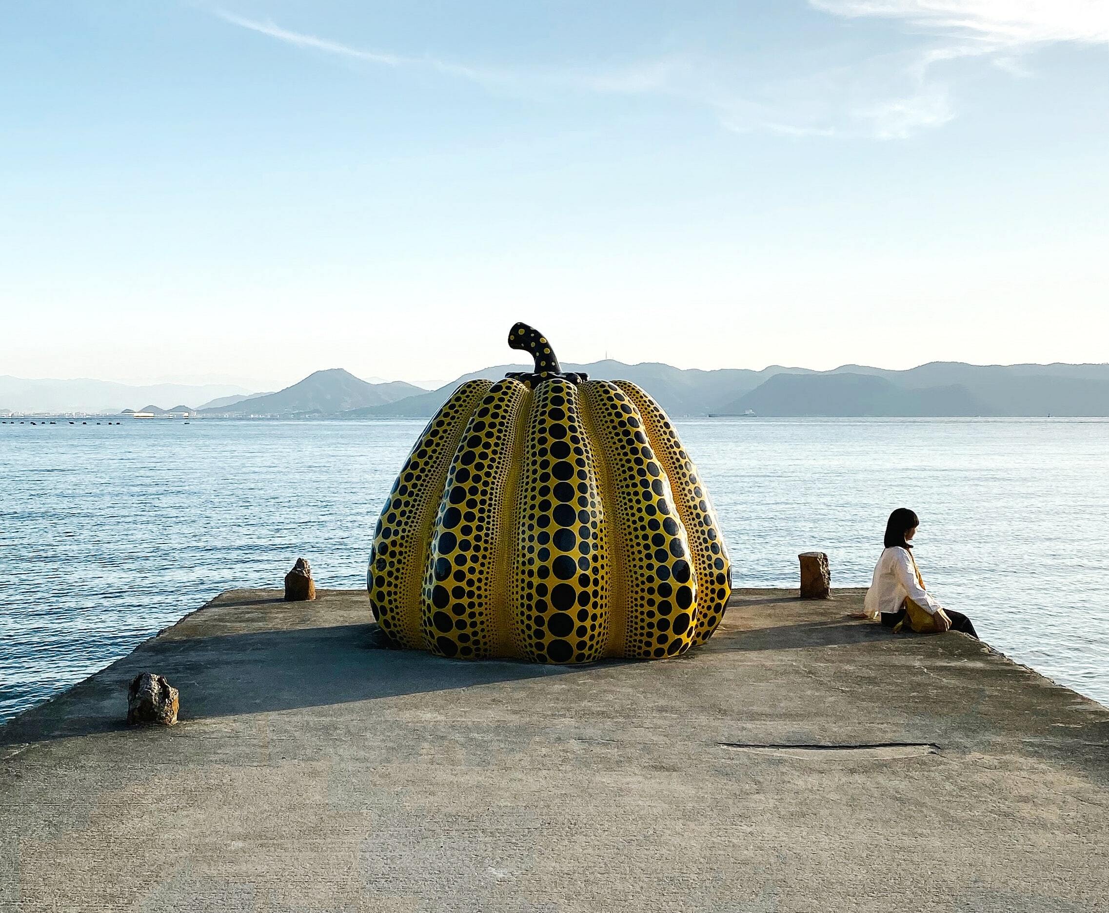 Yayoi Kusama's 'Pumpkin' artwork on Naoshima Island, Japan, in