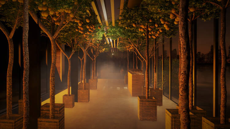 A hallway lined with artificial trees.