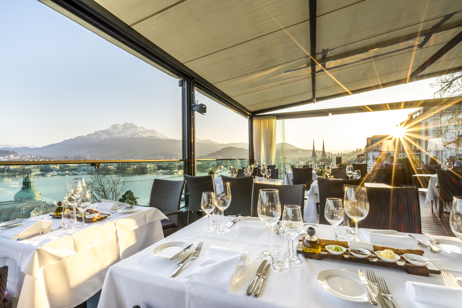 A view of Lake Lucerne from the Scala Restaurant at Art Deco Hotel Montana, Lucerne.