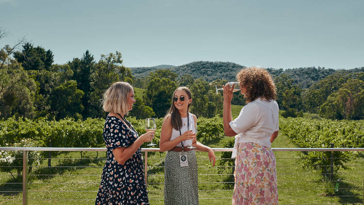 A group of three friends at a winery on a Hop It tour.