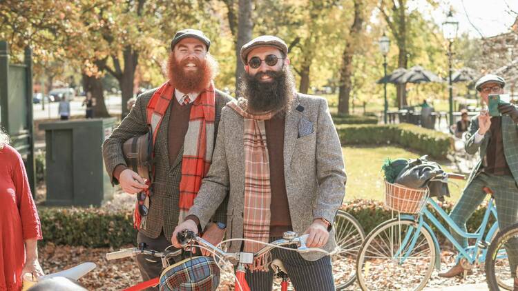 Two men dressed in heritage tweed attire for Ballarat Heritage Festival.