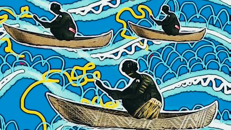 Detail of an artwork involving canoes