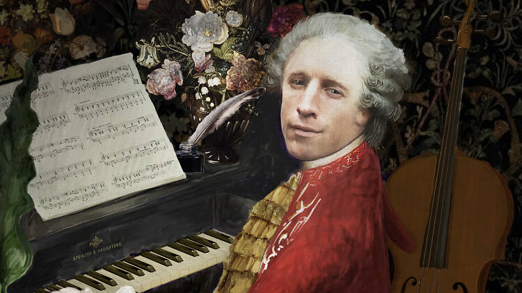 An illustration of comedian Sammy J as Mozart