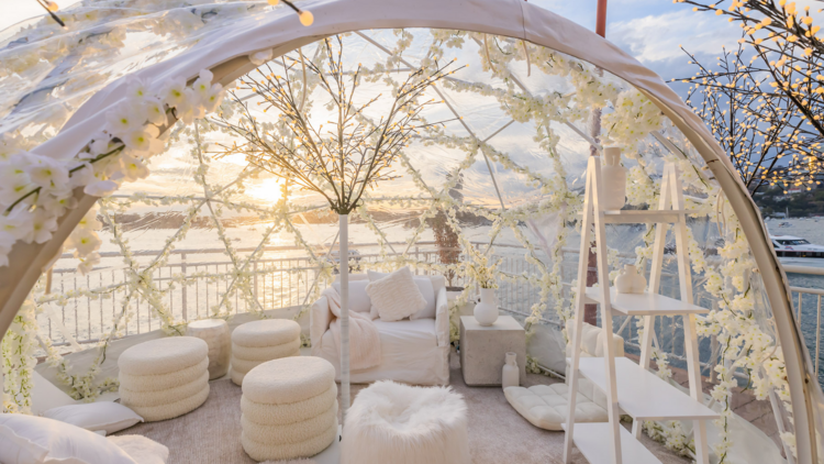 Pier One's luxury winter igloo with Sydney sunset in background. 