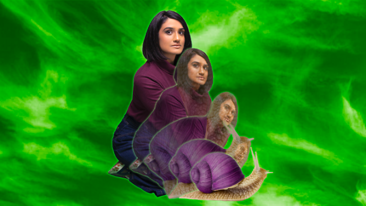 Vidya Rajan in a purple shirt turning into a snail