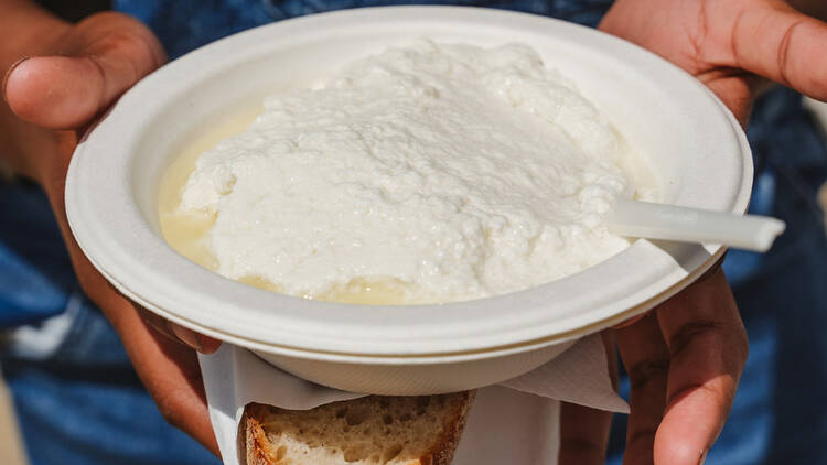 A close-up of a paper bowl filled with fresh ricotta cheese.