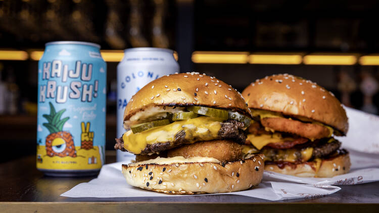Two burgers and two beers at Trinity St Kilda