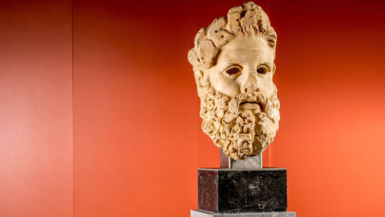 An ancient sculpture of Zeus' head on a plinth with a red background