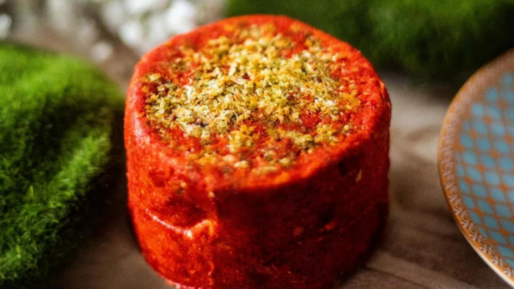 Bright red vegan cheese