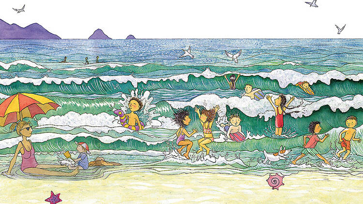 A cartoon of people playing in the waves at a beach.