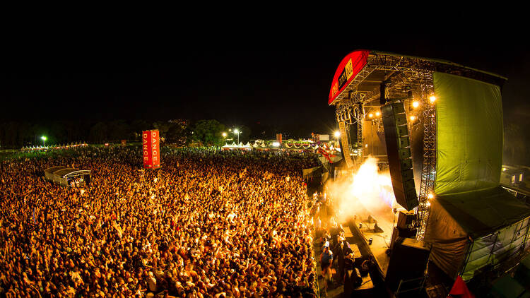 An aerial shot of the stage at listen out festival