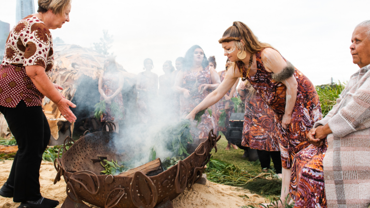 Indigenous women conduct a smoking ceremony at Barangaroo Reserve 